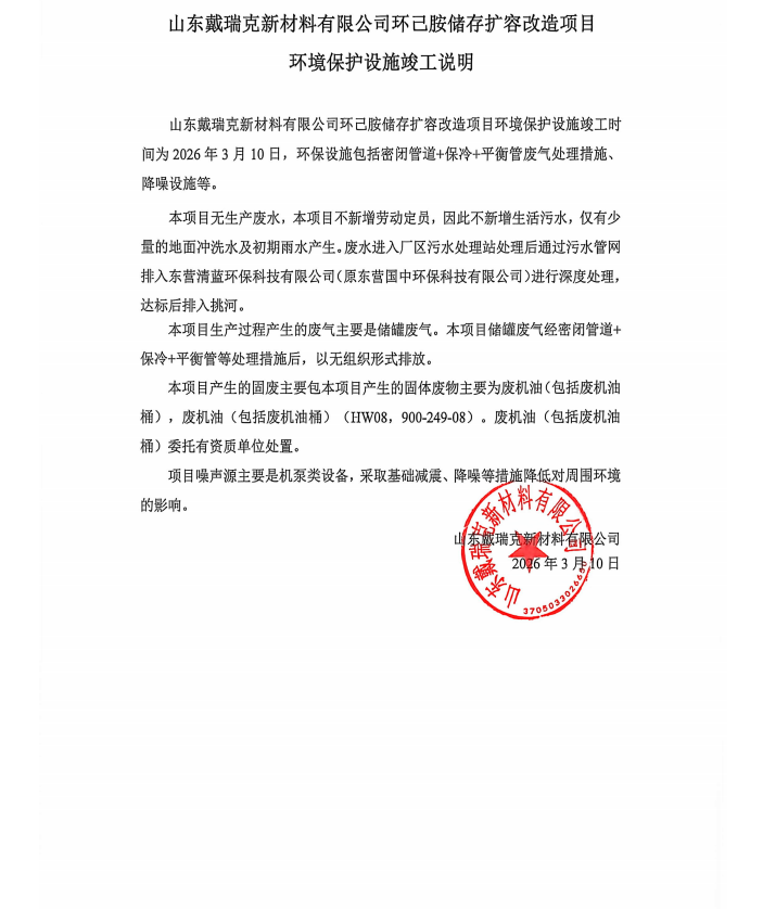 山东戴瑞克新材料有限公司环己胺储存扩容改造项目 环境保护设施竣工说明